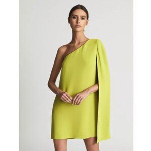 Reiss Samantha One Shoulder Cape Mini Dress in Chartreuse Lime size 10